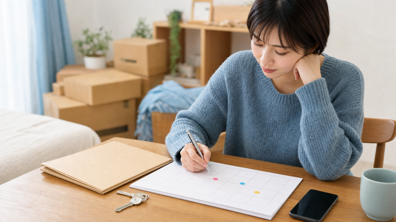 引越し前の部屋で契約期限をカレンダーに整理する人