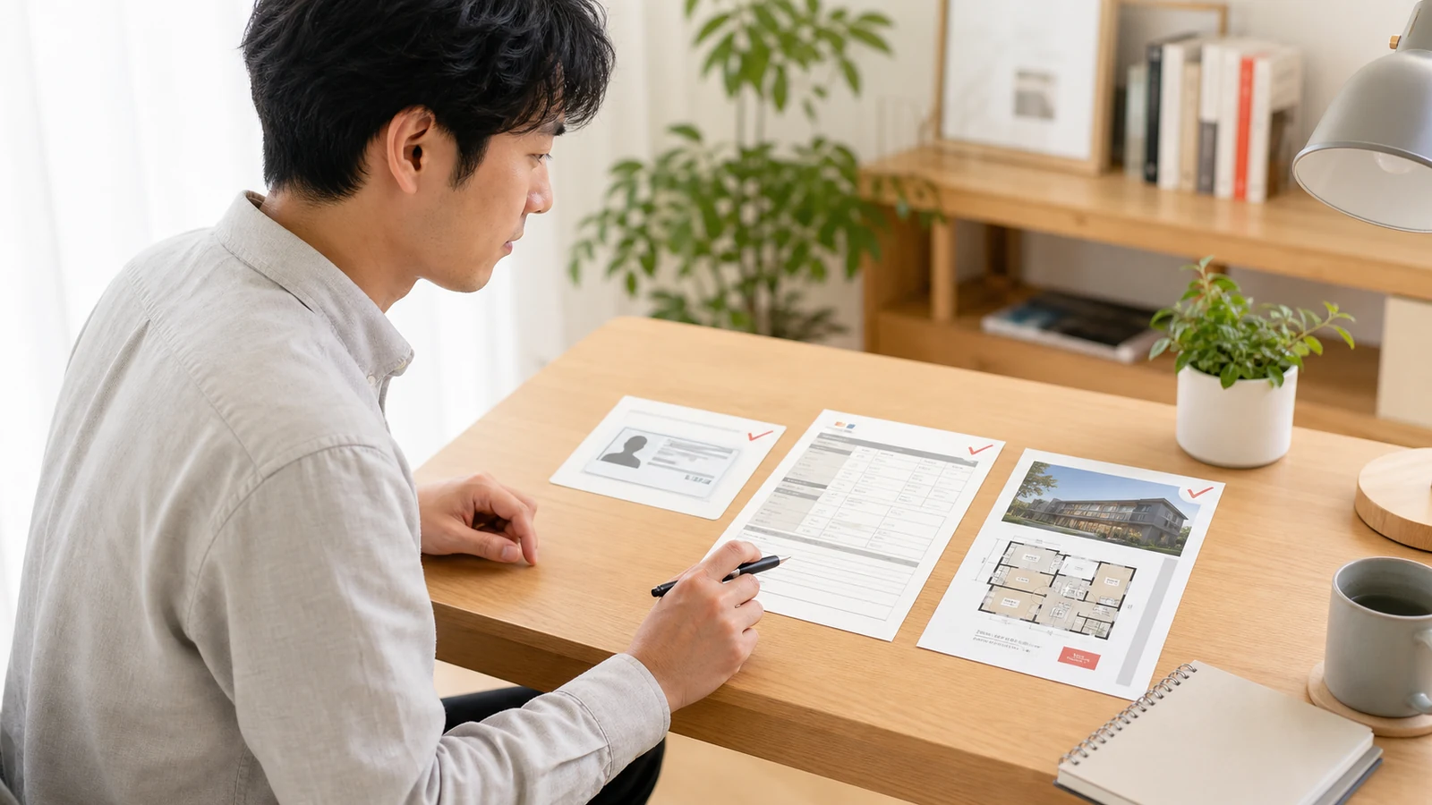 会社員が本人確認書類・源泉徴収票・物件資料を照合する様子