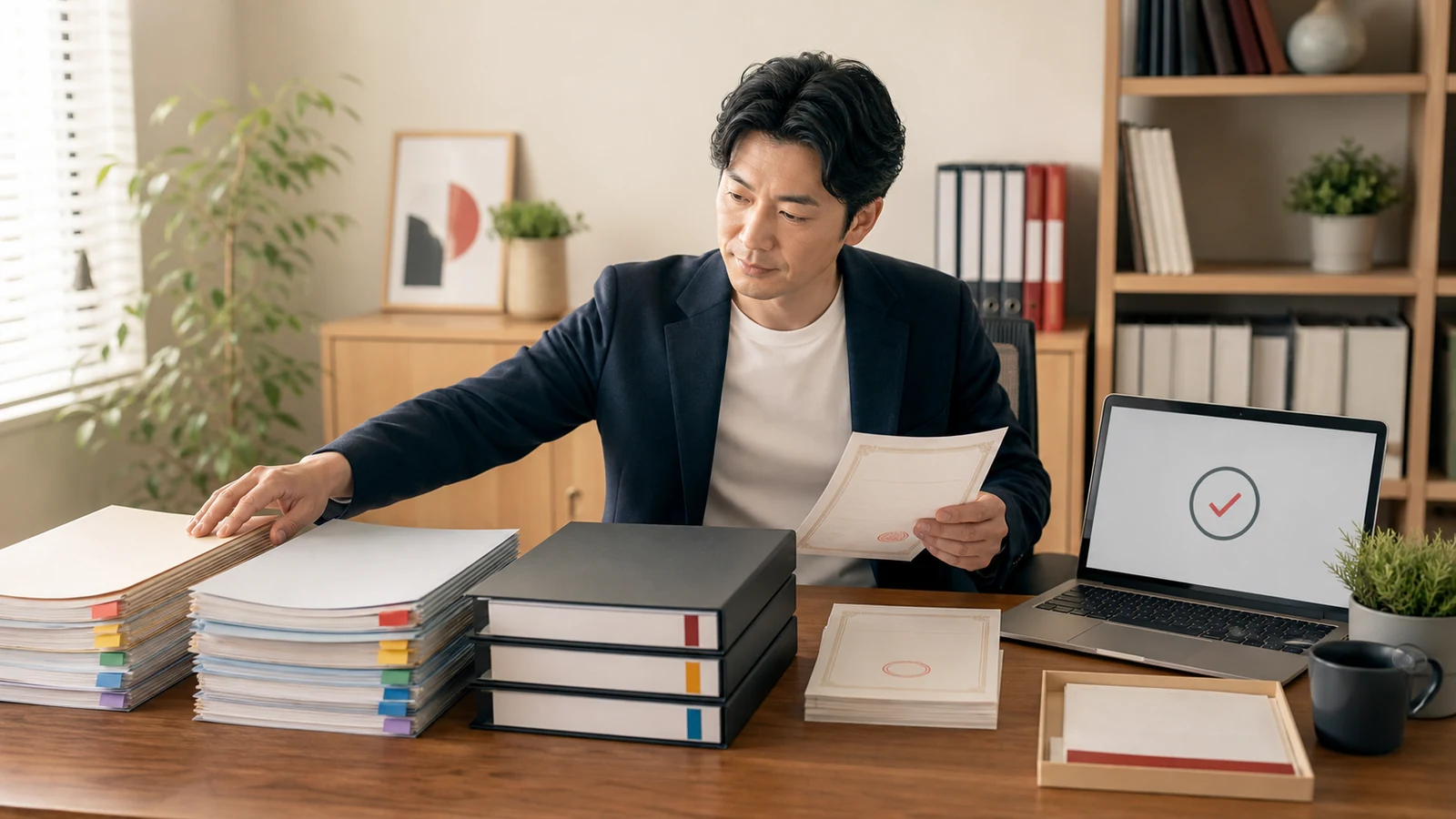 自営業者と法人代表者が確定申告書・決算書・納税資料を年度別に整理する様子