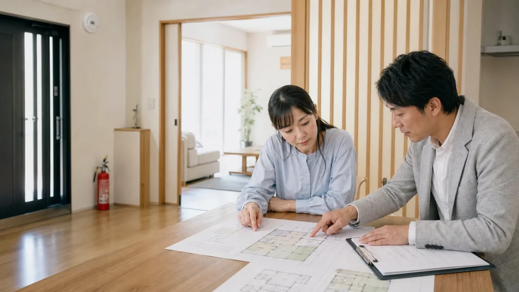 民泊開業前に住宅の図面と消防設備を確認する事業者と専門家