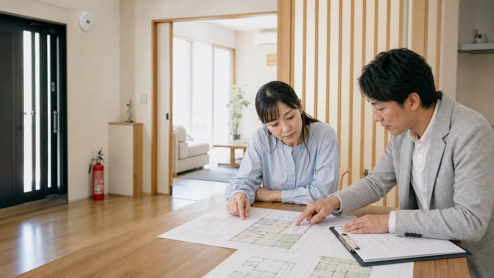 民泊開業前に住宅の図面と消防設備を確認する事業者と専門家