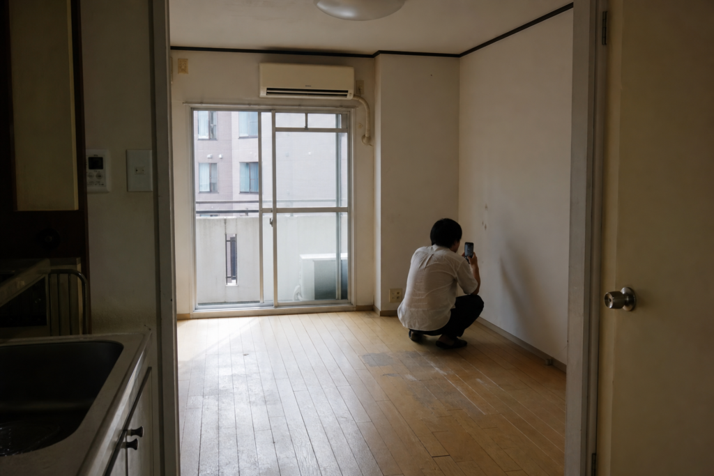 入居初日の空室で壁の状態をスマートフォンで記録する人
