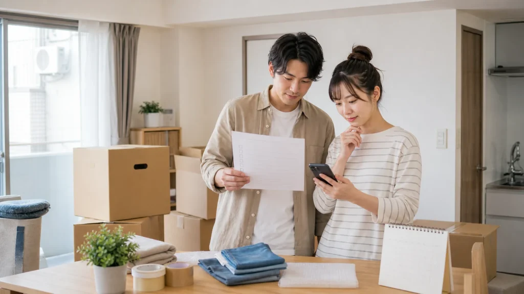 引っ越し前の部屋でチェックリストとスマートフォンを確認する二人