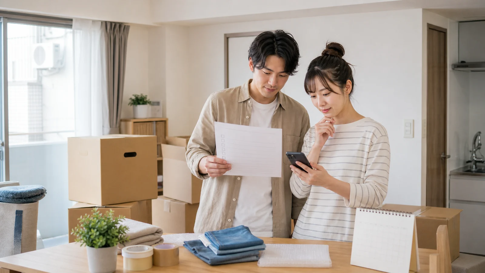 引っ越し前の部屋でチェックリストとスマートフォンを確認する二人