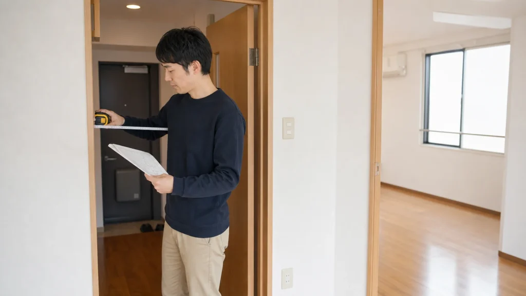 賃貸物件の内見で玄関から室内への搬入経路をメジャーで測る人