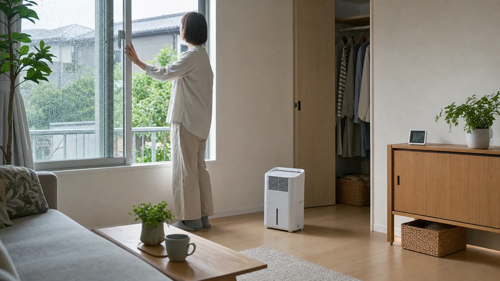 雨上がりの部屋で窓と収納を開け除湿機を使って湿気対策をする人