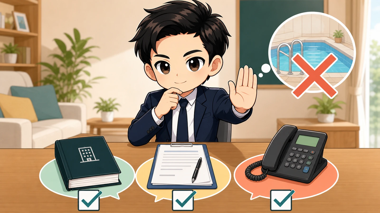 ざわ先生がベランダの管理規約と管理会社への確認順を説明するイラスト