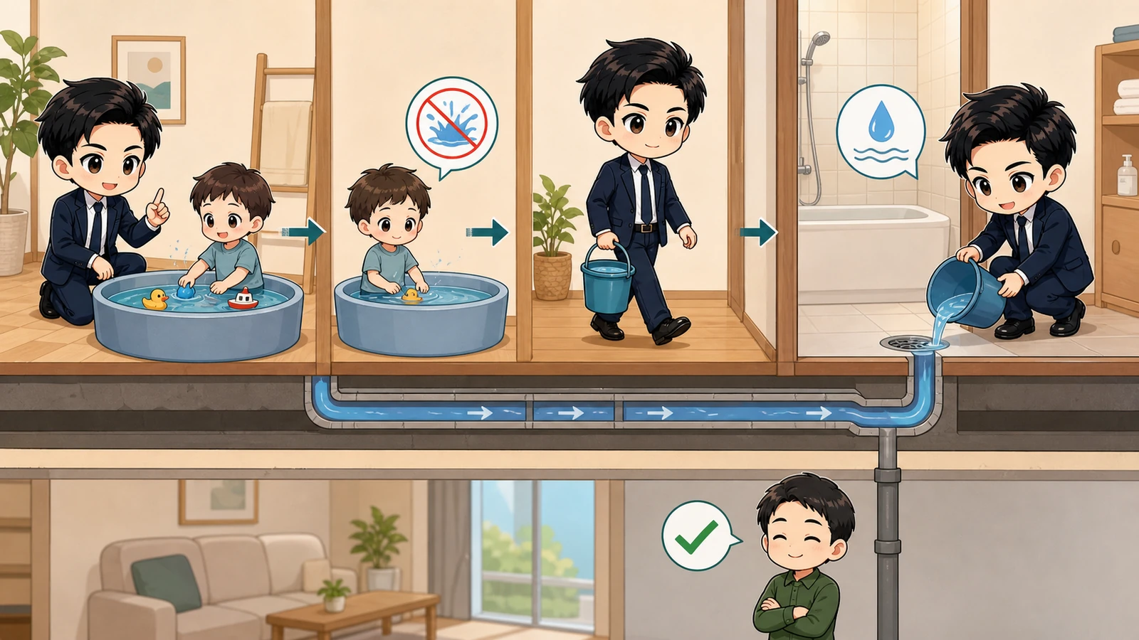 ざわ先生がベランダプールの給水・排水・騒音対策を案内するイラスト