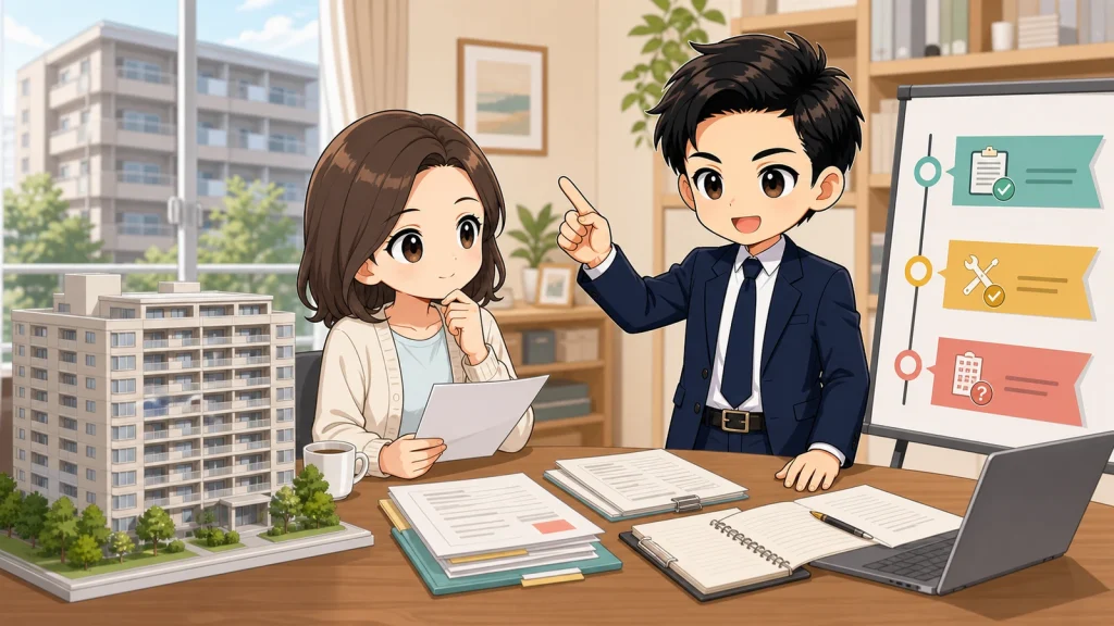 ざわ先生が中古マンション購入前に総会議事録を読むイラスト