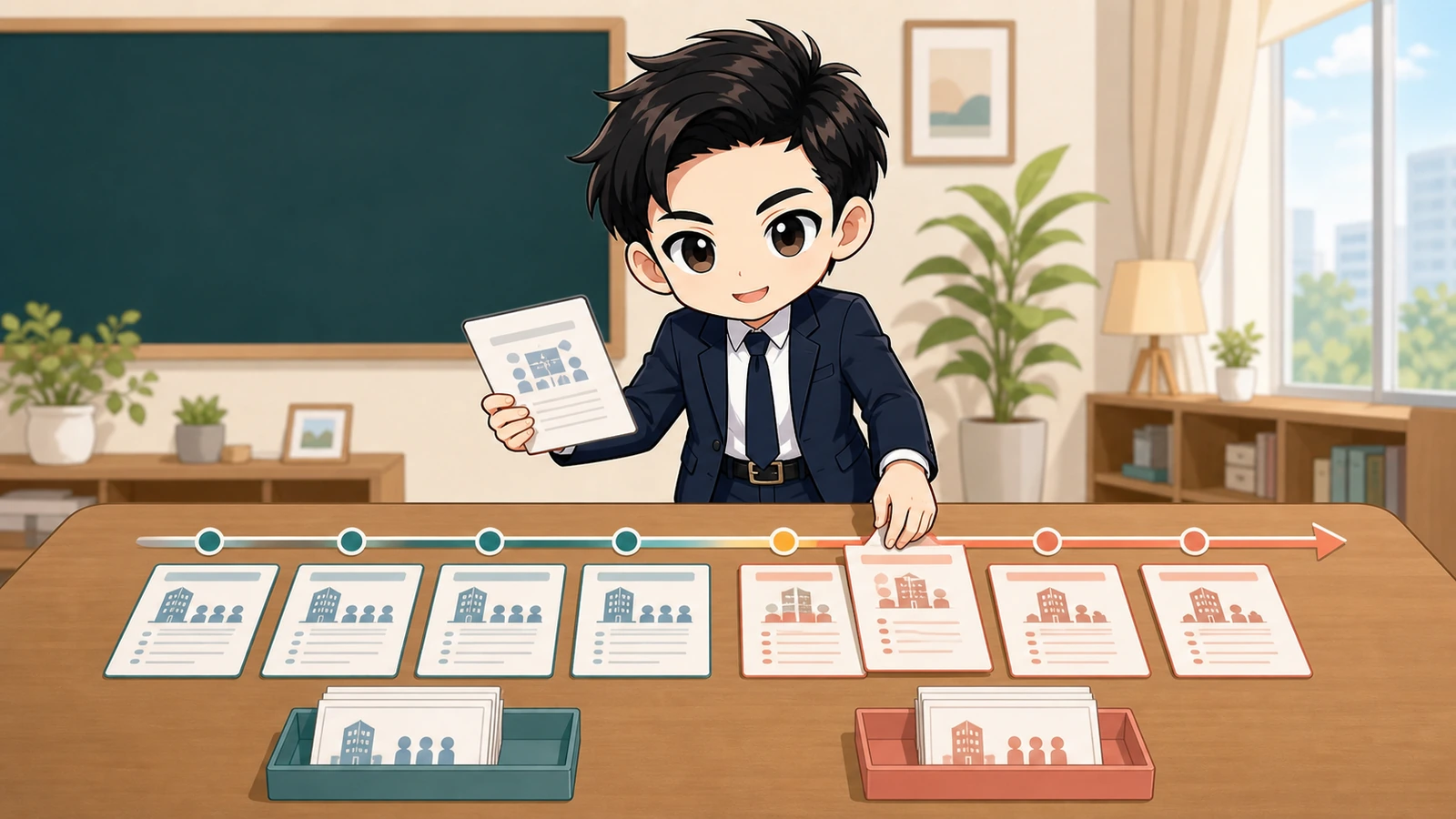 ざわ先生がマンション総会の議案と決議結果を時系列で並べるイラスト