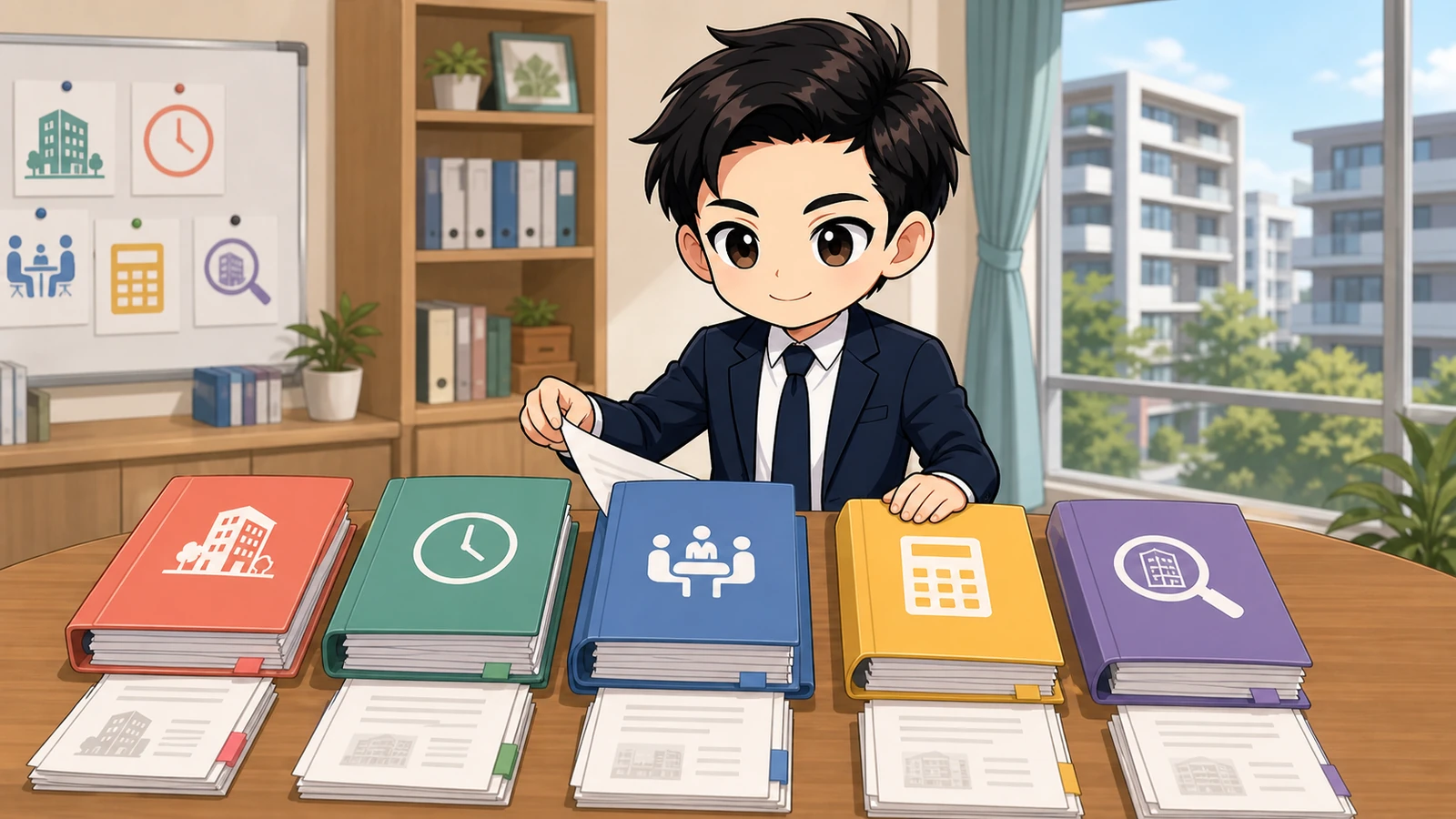 ざわ先生が中古マンションの長期修繕計画・修繕履歴・議事録をそろえるイラスト