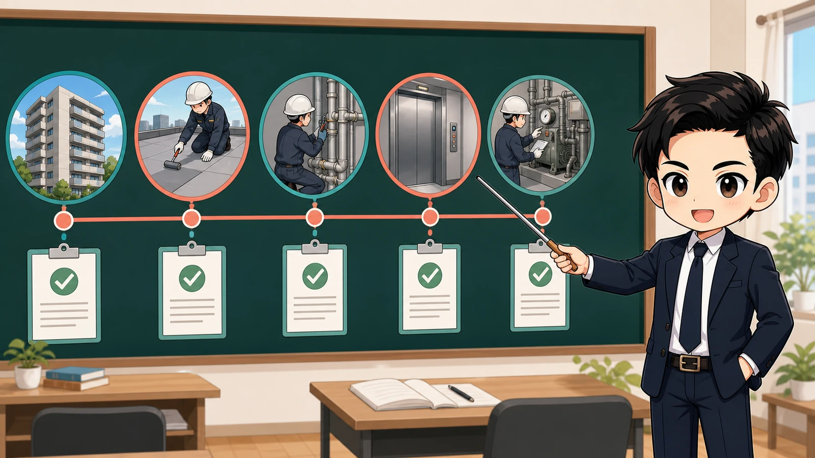 ざわ先生が長期修繕計画の期間・工事項目・実施時期を時系列で確認するイラスト