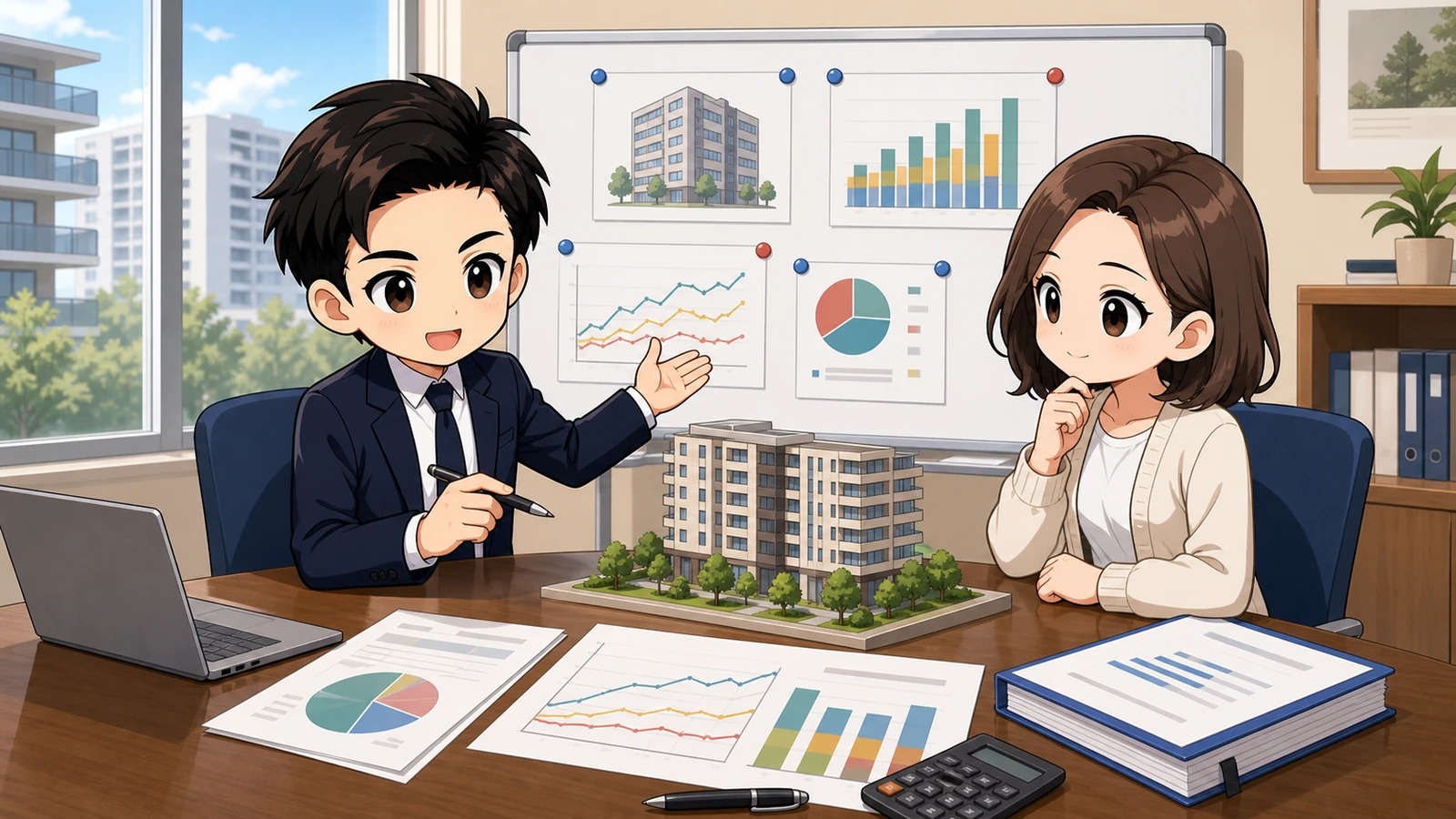 ざわ先生が修繕積立金の収支計画と見直し予定を専門家と確認するイラスト