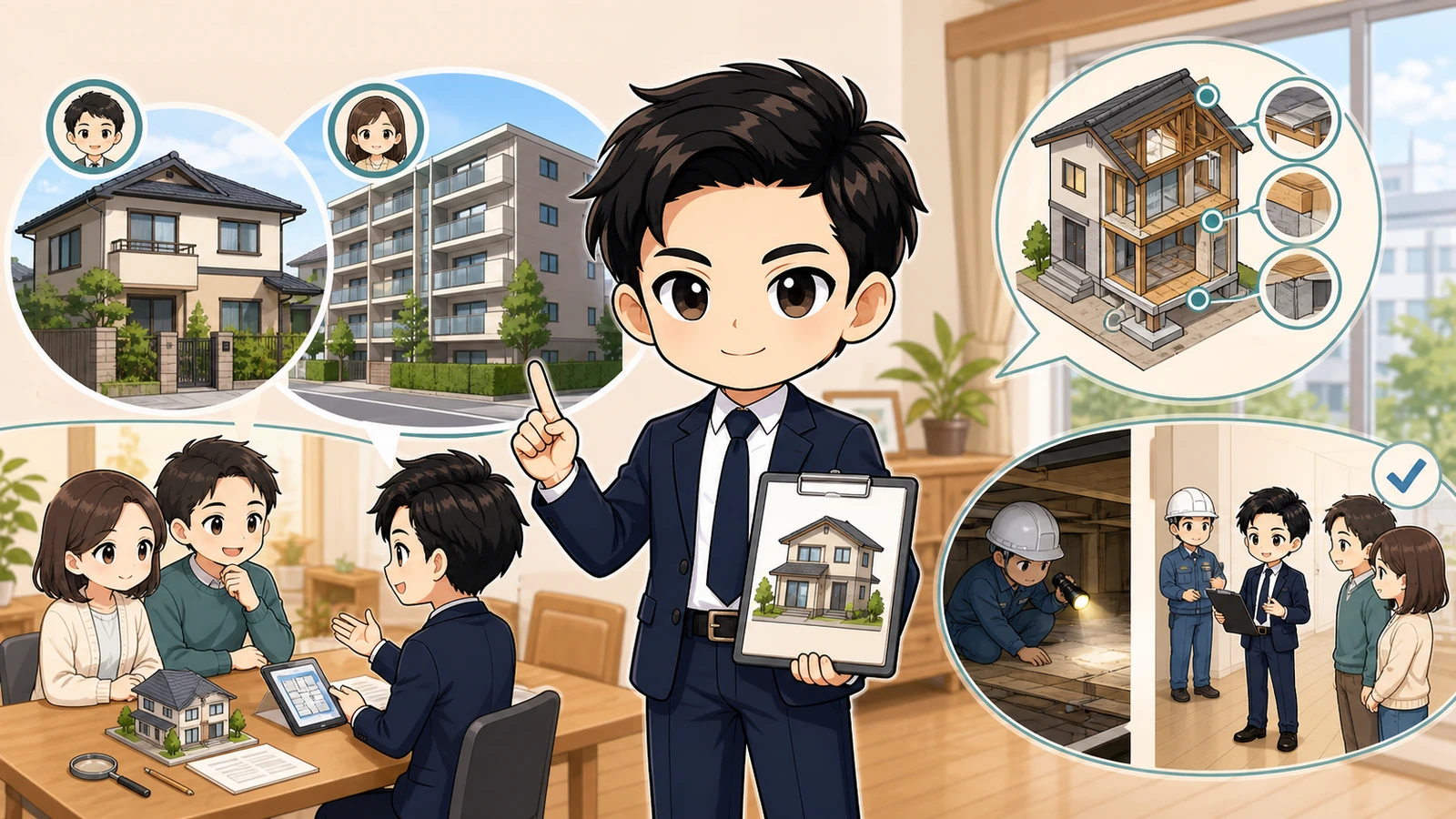 ざわ先生が中古住宅の既存住宅売買瑕疵保険を購入前に確認する方法を説明するイラスト