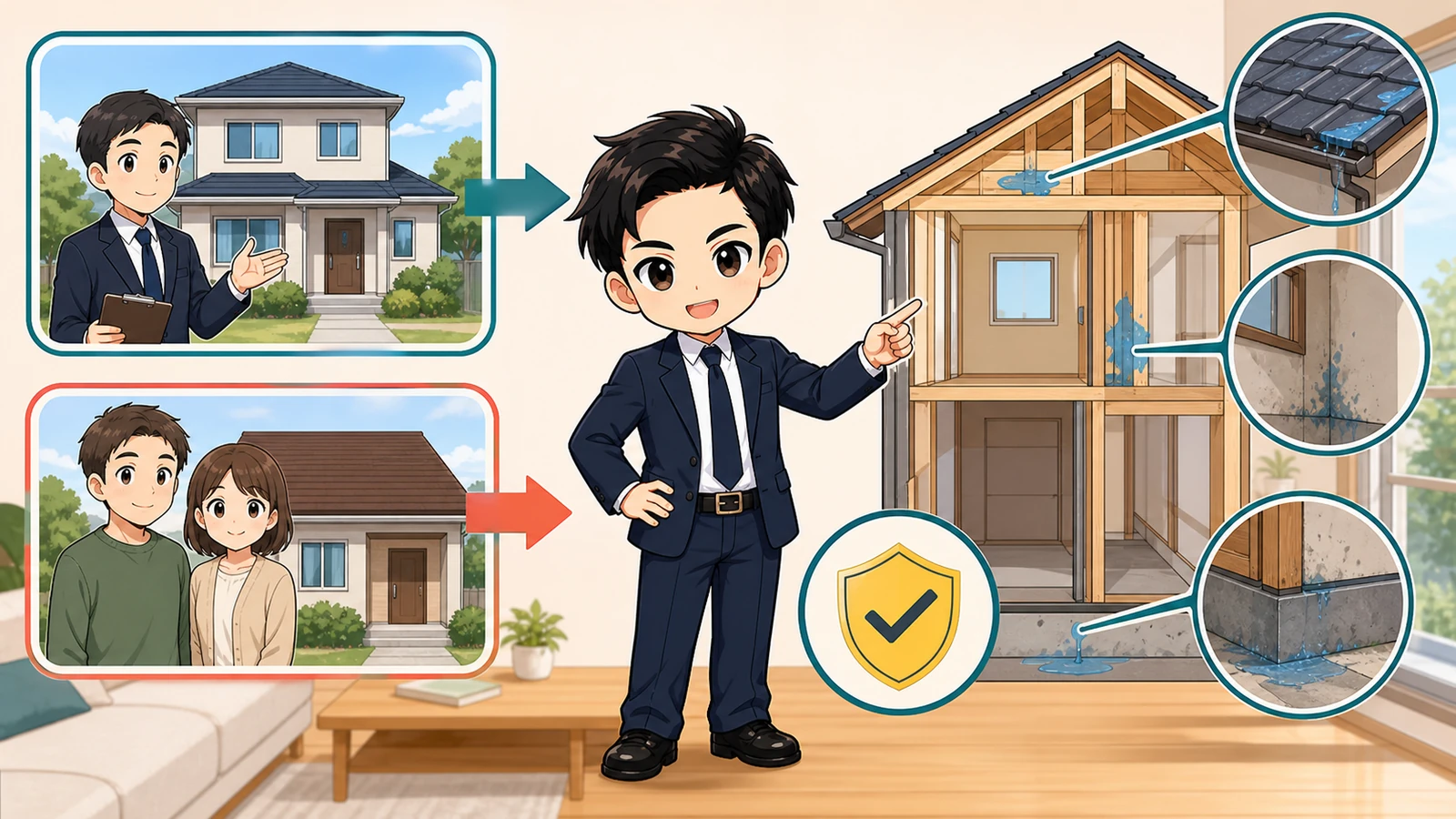 ざわ先生が中古住宅の売主種類と既存住宅売買瑕疵保険の対象範囲を説明するイラスト