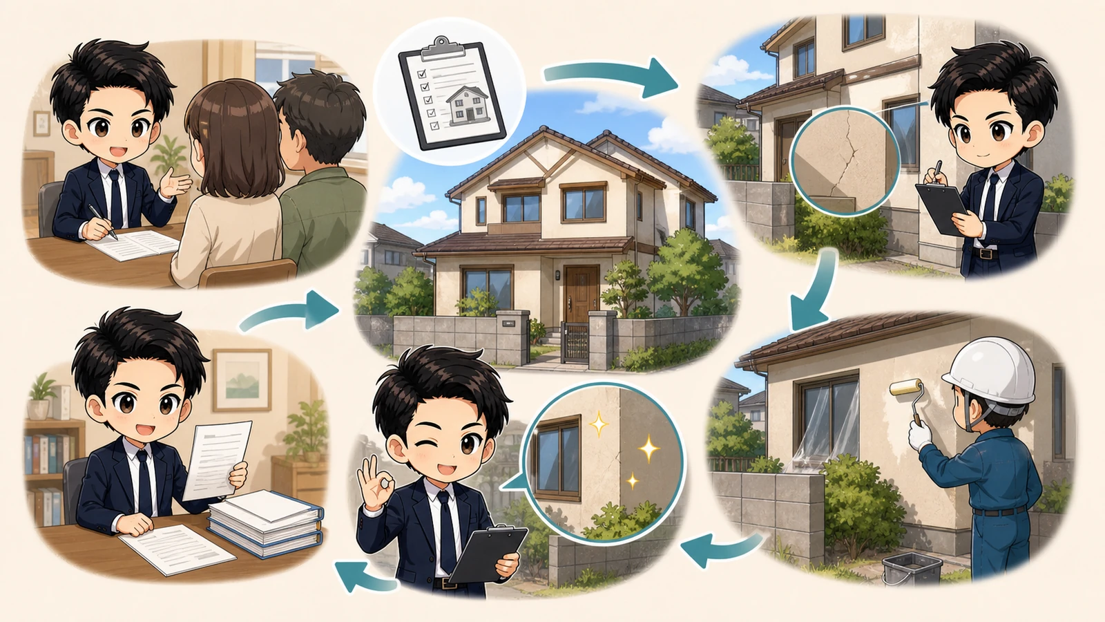 ざわ先生が中古住宅の検査・補修・再検査を引渡し前の予定へ組み込むイラスト