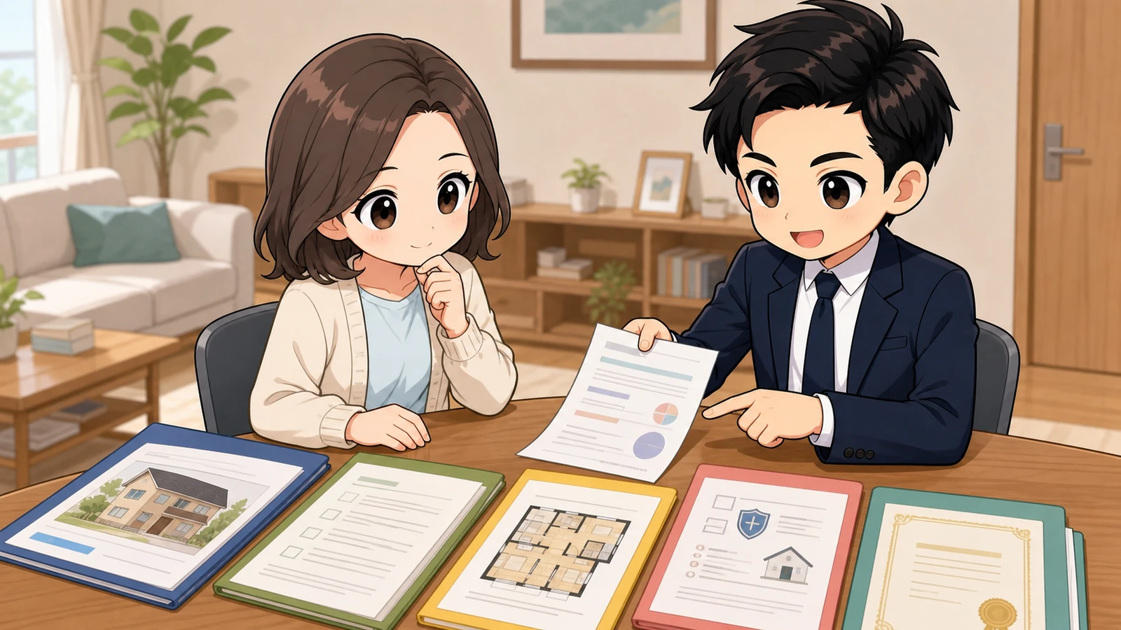 ざわ先生が売買契約・検査報告・保険付保証明書を分けて確認するイラスト