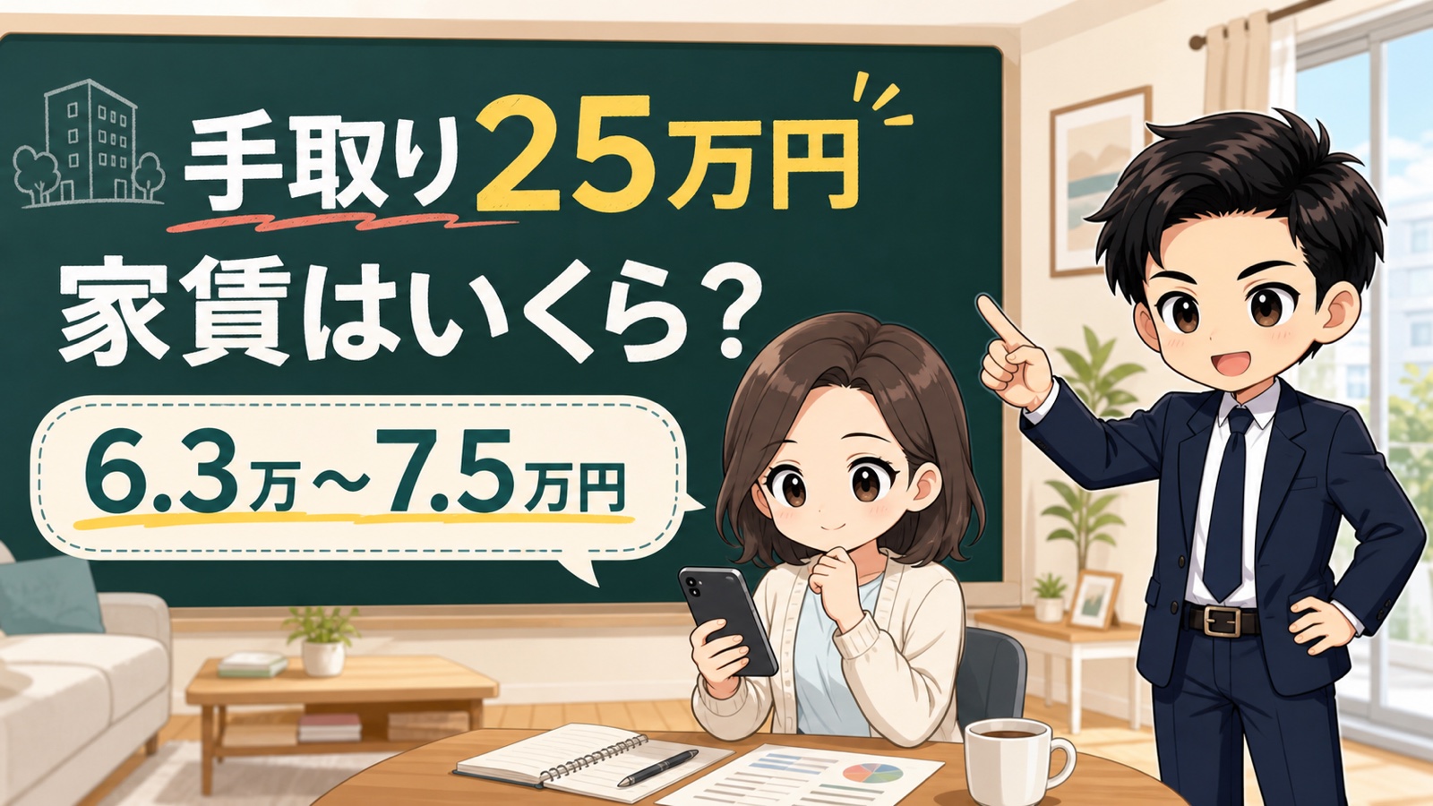 手取り25万円の家賃6.3万円から7.5万円をざわ先生と相談者が比較する図