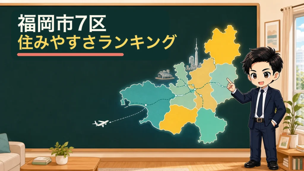 ざわ先生が福岡市の地図を指して住みやすい区を案内するイラスト