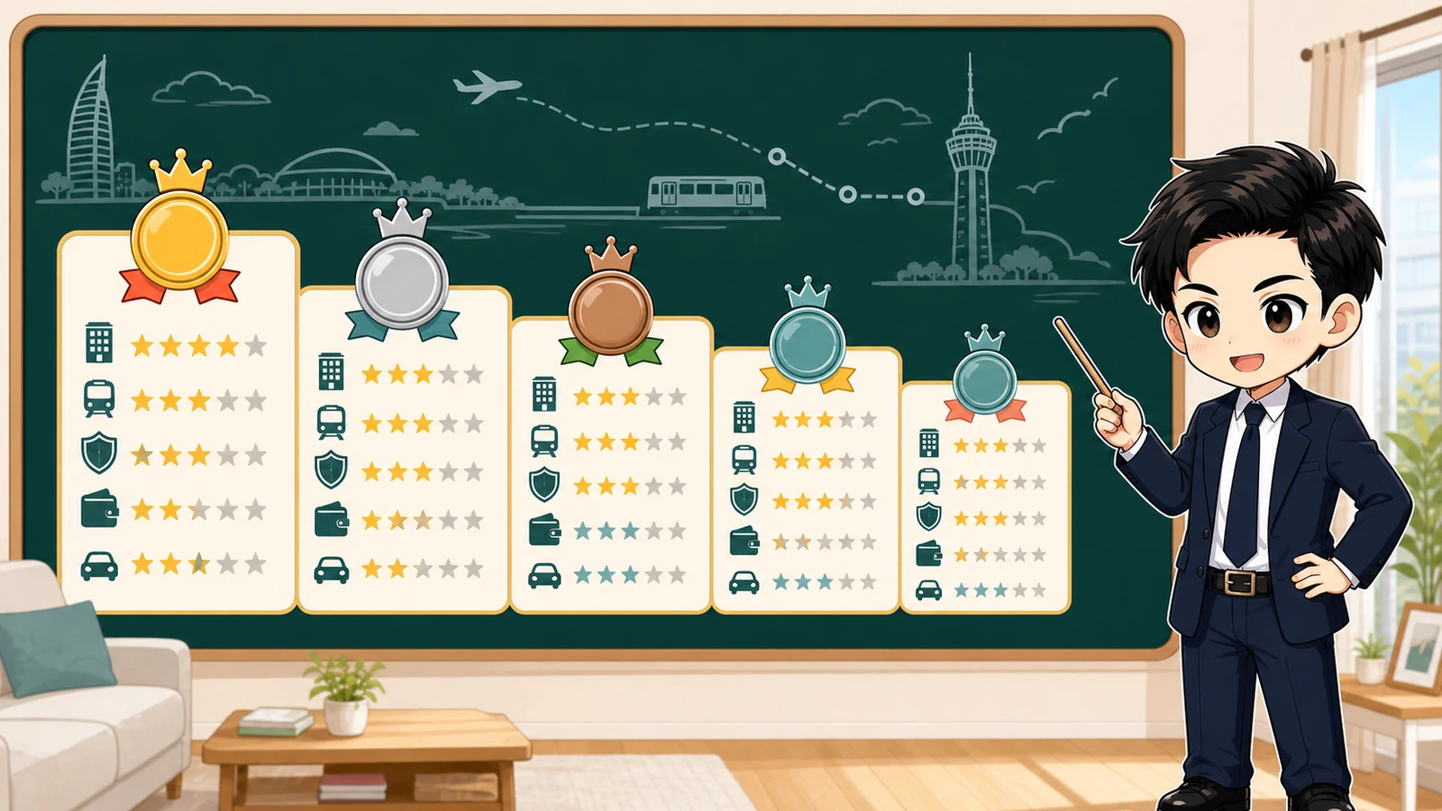 ざわ先生が福岡市の住みやすい区TOP5を星で比較するイラスト