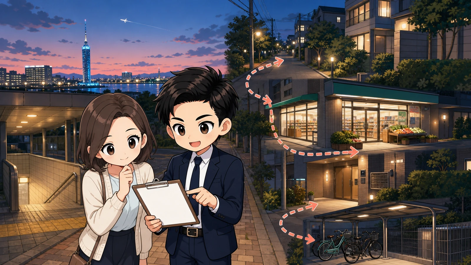 ざわ先生と入居希望者が福岡市の駅から物件までの夜道を確認するイラスト