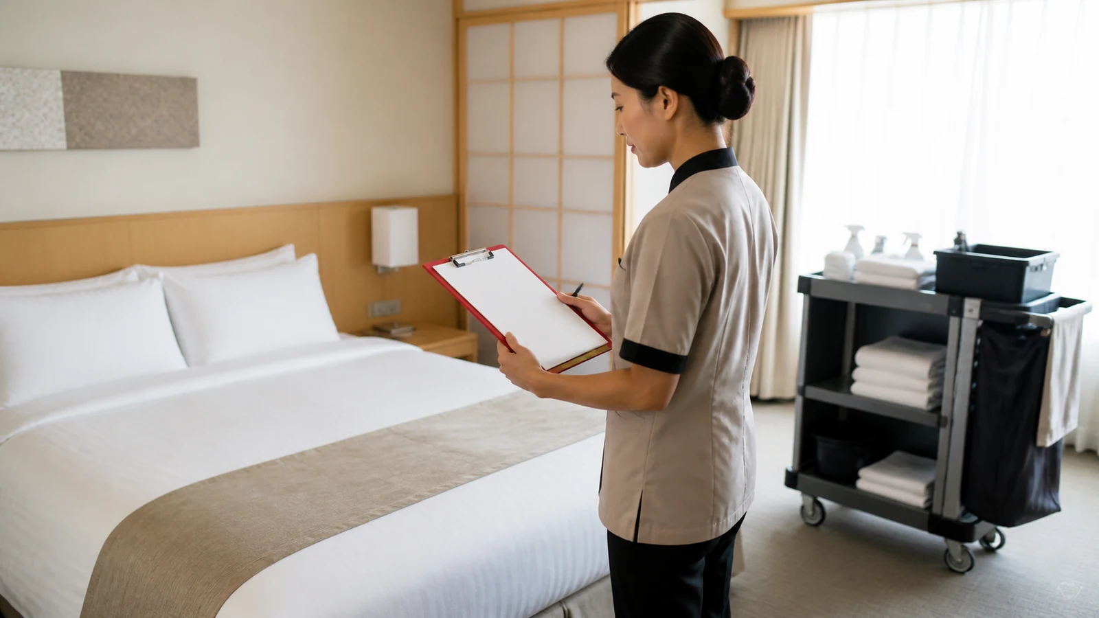 客室清掃後のホテル客室でチェック表を確認する清掃担当者
