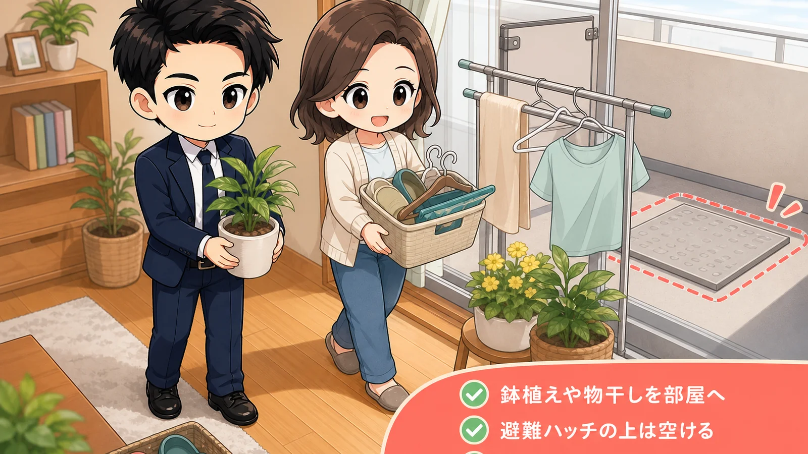 台風前にベランダの植木鉢や物干し道具を片付けるざわ先生