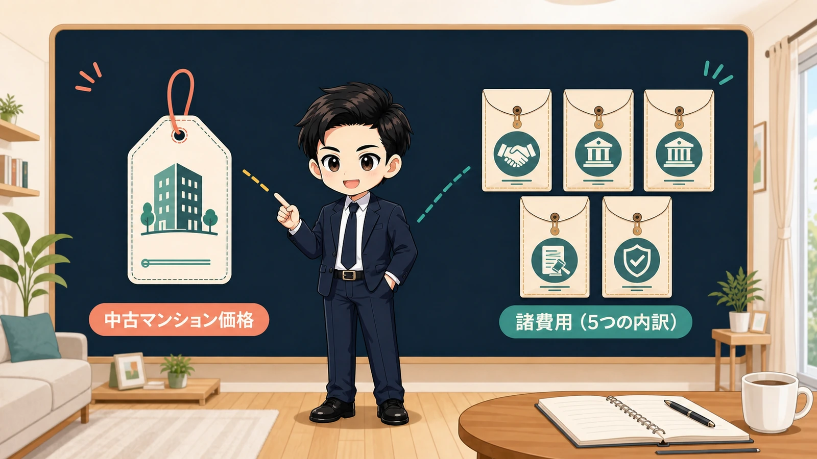 ざわ先生が中古マンションの物件価格と購入諸費用を分けて説明するイラスト