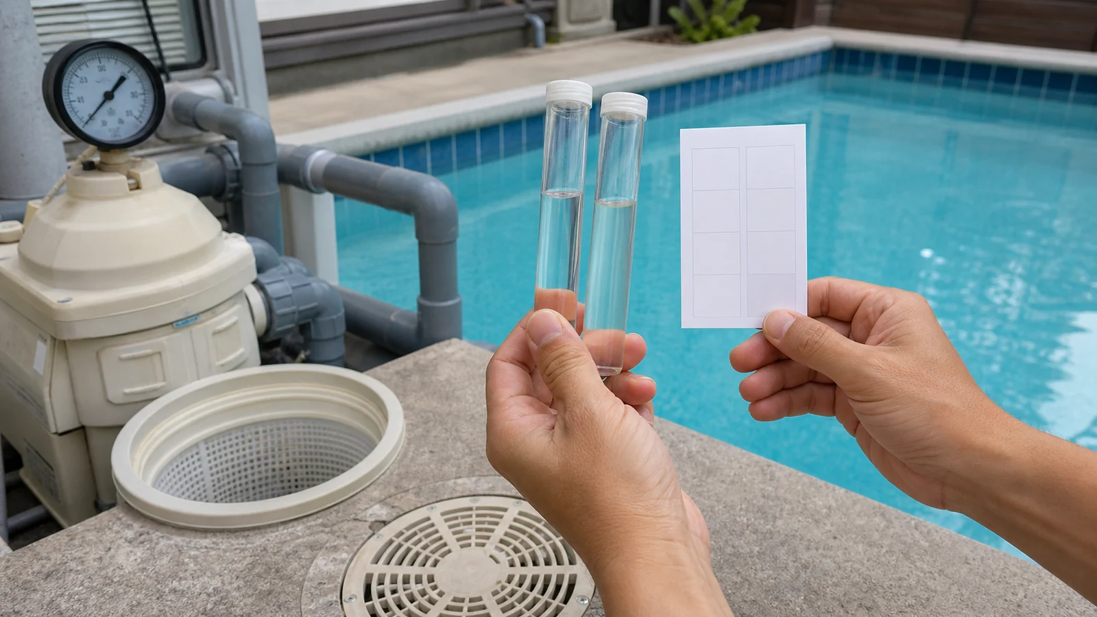 家庭用プールの使用前に水質試験・ろ過機・排水口を確認する場面