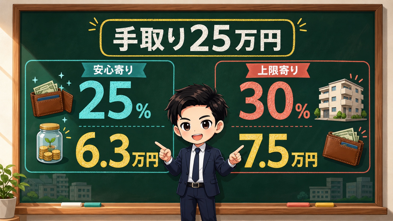 手取り25万円に対する家賃25パーセントの6.3万円と30パーセントの7.5万円の比較