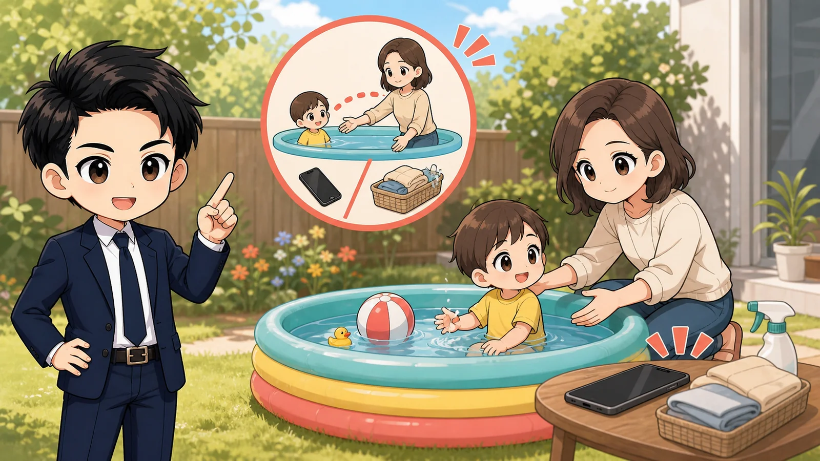浅い家庭用プールでも目を離さないよう説明するざわ先生