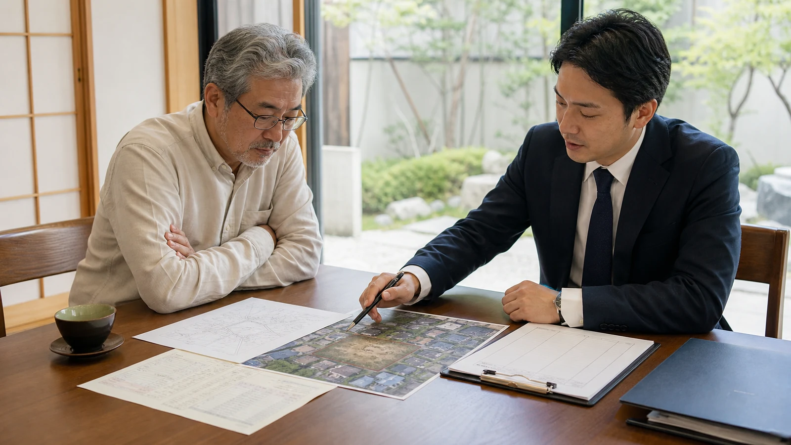 土地の資料を確認しながら査定と媒介契約の準備をする場面