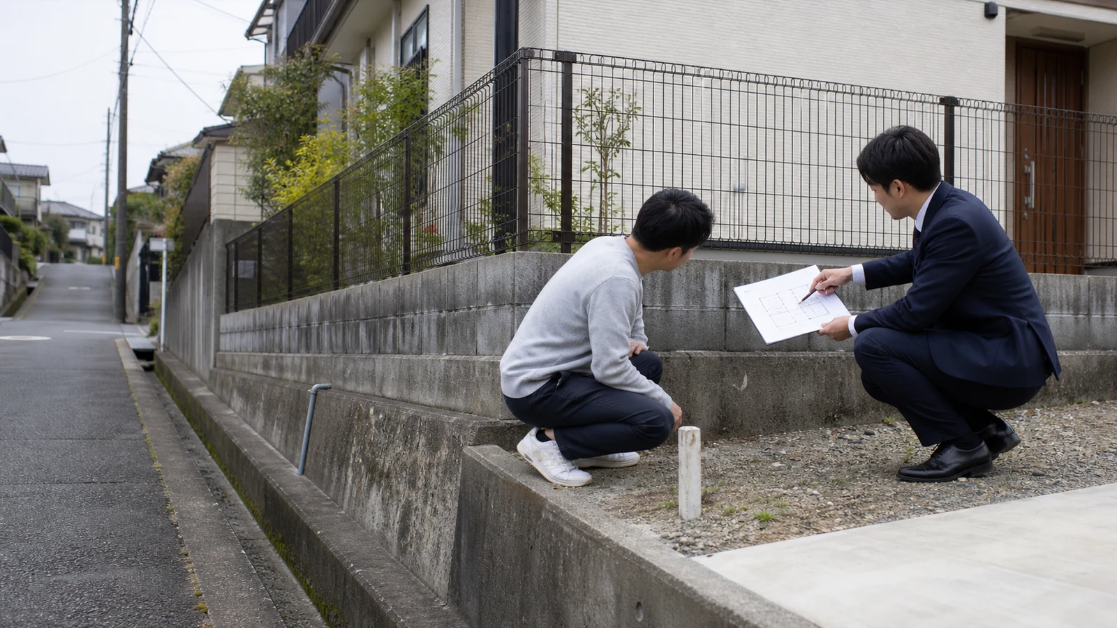 中古戸建ての境界標・擁壁・道路との高低差を屋外で確認する場面