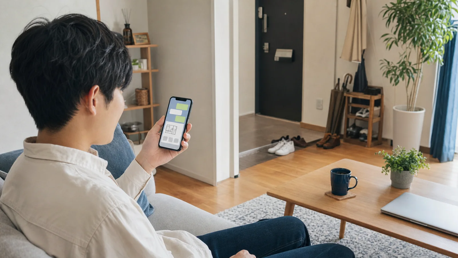 自宅からスマートフォンで賃貸物件を相談する利用者