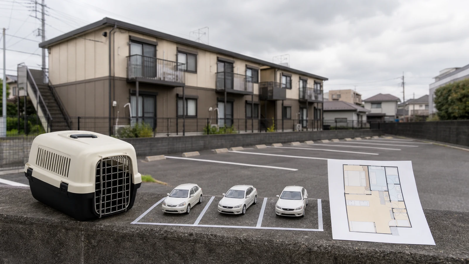 ペット、多数の駐車台数、広い間取りという複合条件と一般的な賃貸物件を照らし合わせる場面