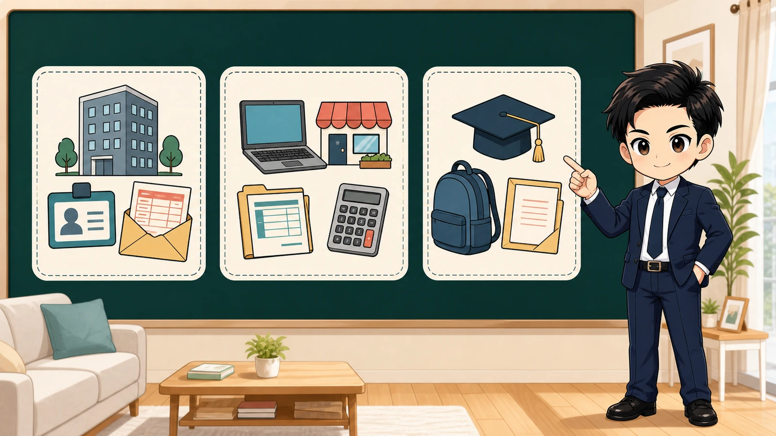 ざわ先生が会社員、自営業、学生の賃貸申し込み追加書類を比較するイラスト
