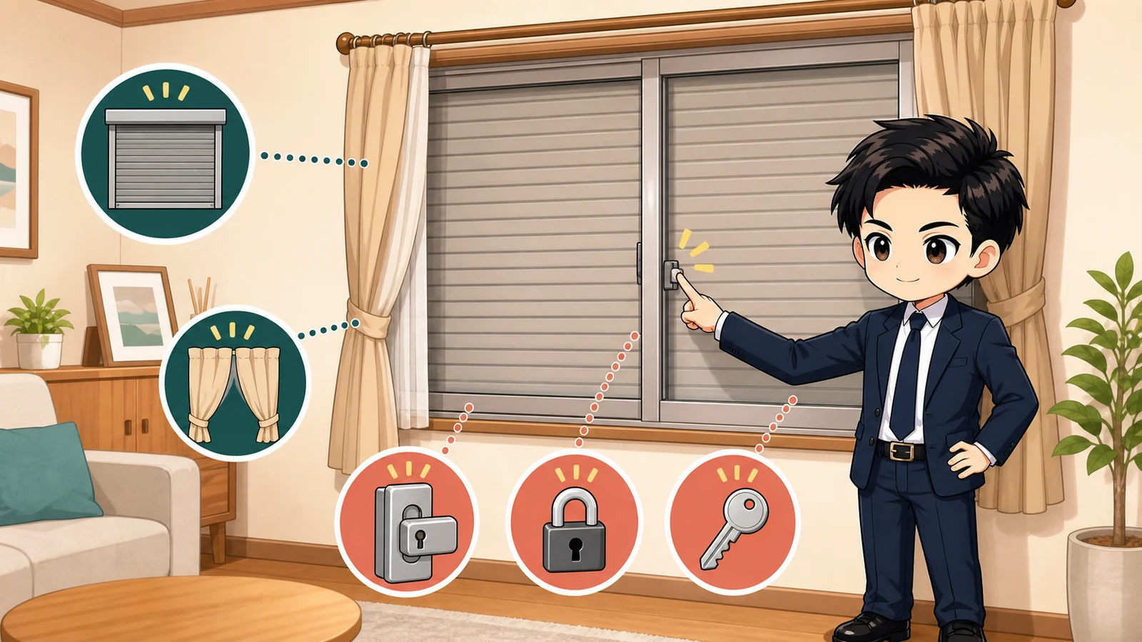 窓の施錠とカーテンの確認をするざわ先生
