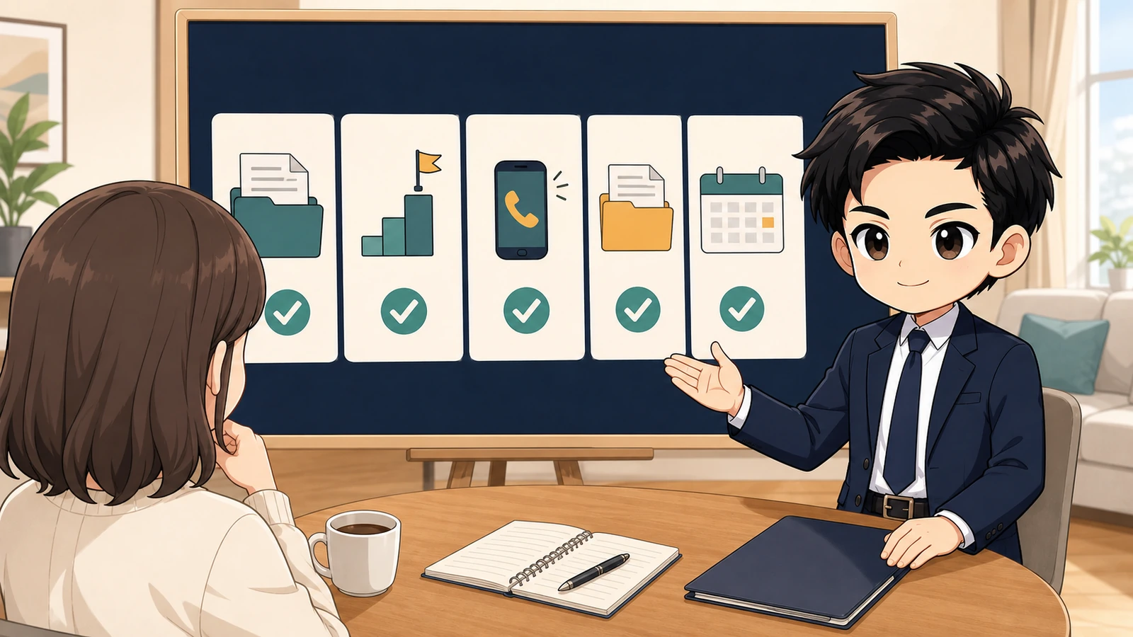 ざわ先生が賃貸の入居審査結果を待つ人へ確認手順を案内するイラスト