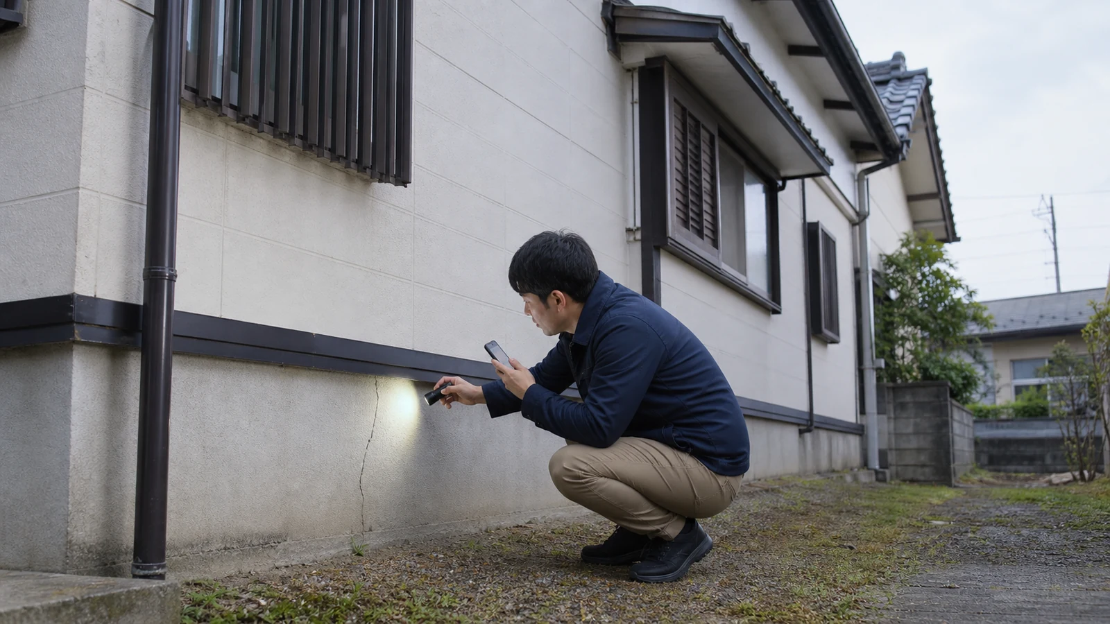 中古戸建ての基礎ひび・外壁・雨樋・屋根を外周から確認する買主