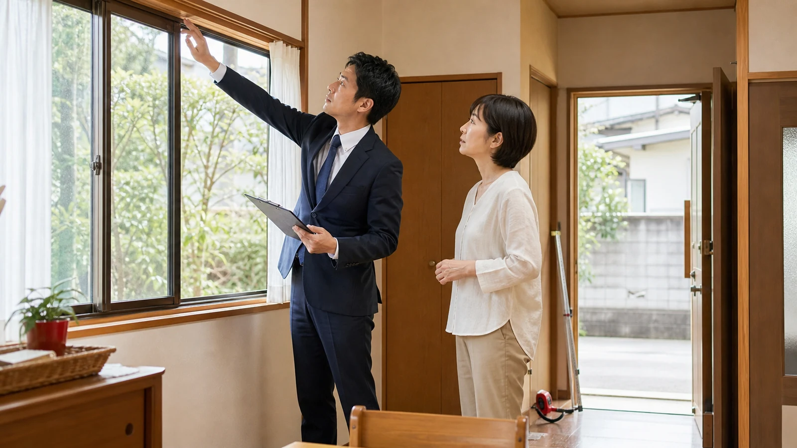 不動産会社の担当者と売主が室内外の状態や境界を訪問査定で確認する様子