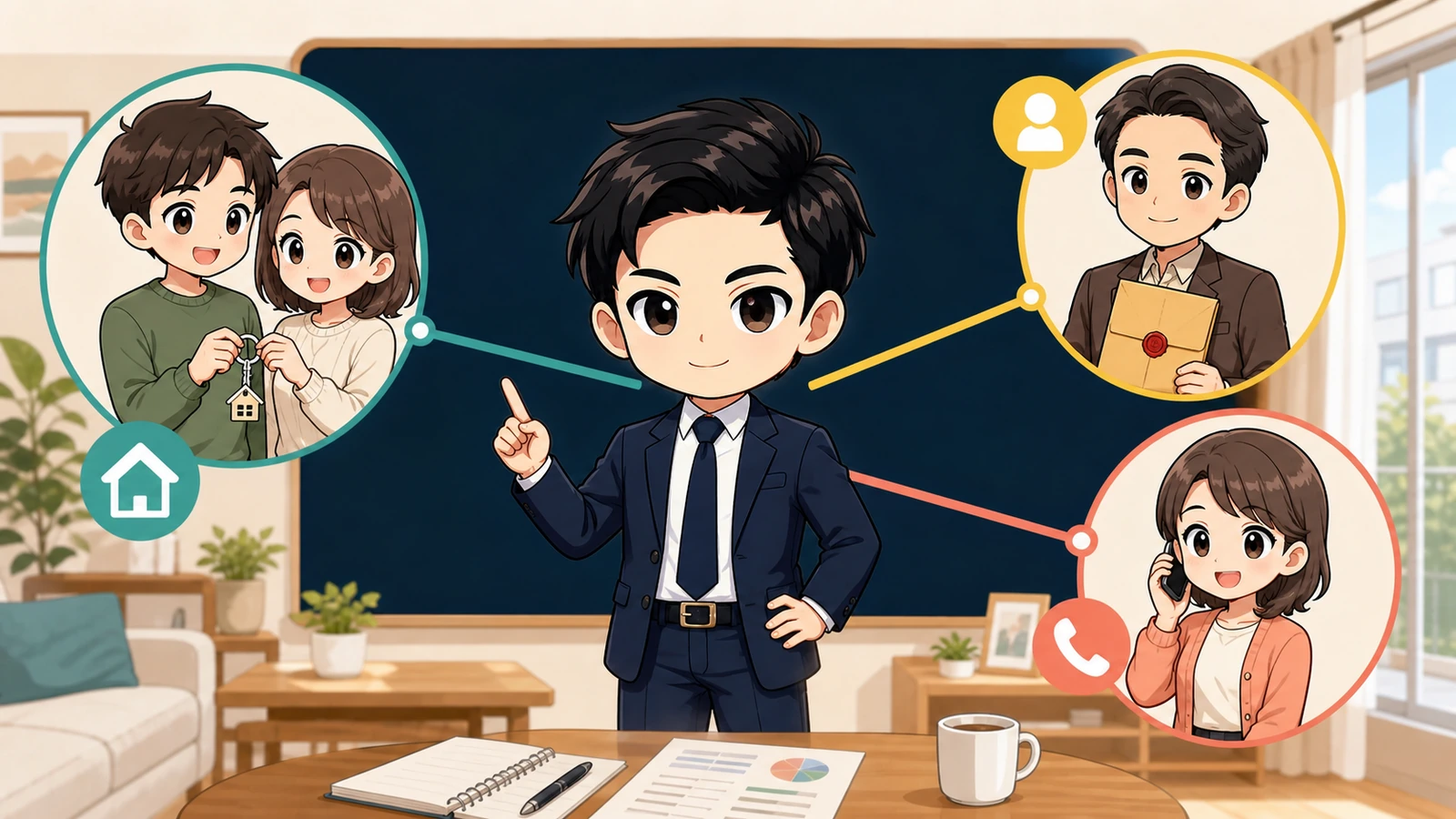 ざわ先生が同居人、連帯保証人、緊急連絡先の違いを整理するイラスト