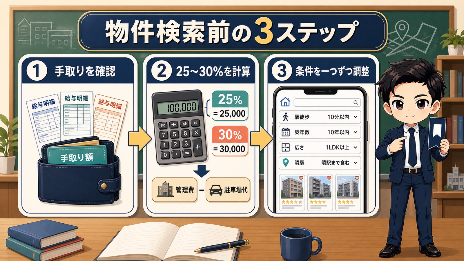 手取り確認、25から30パーセント計算、物件条件調整の3ステップ