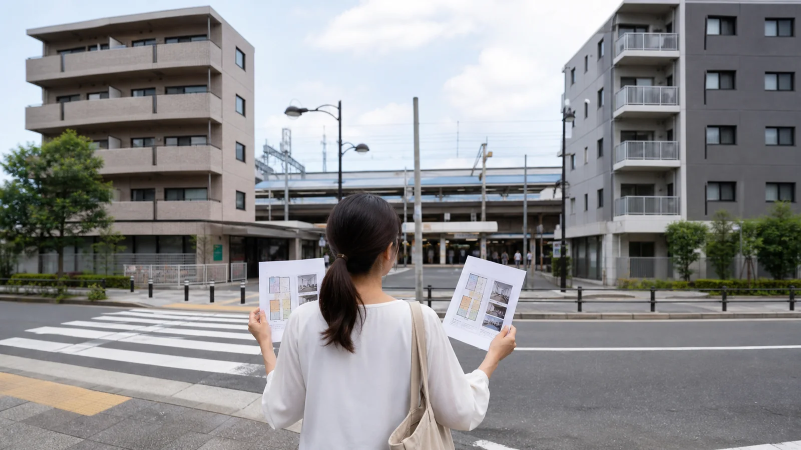駅前にある二つの賃貸物件を募集資料で比較する入居希望者