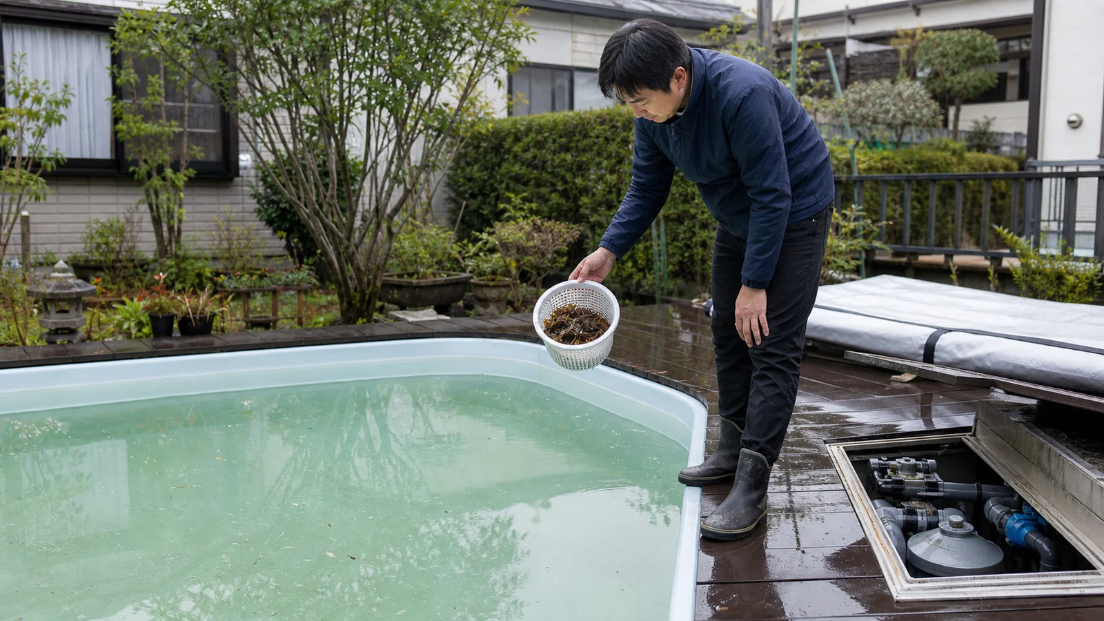 濁りが出た家庭用プールの使用を止めてごみとろ過設備を調べる場面