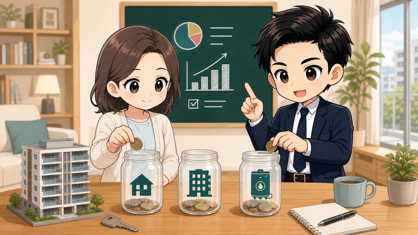 ざわ先生が中古マンション購入後の税金・管理費・修繕費の備えを説明するイラスト