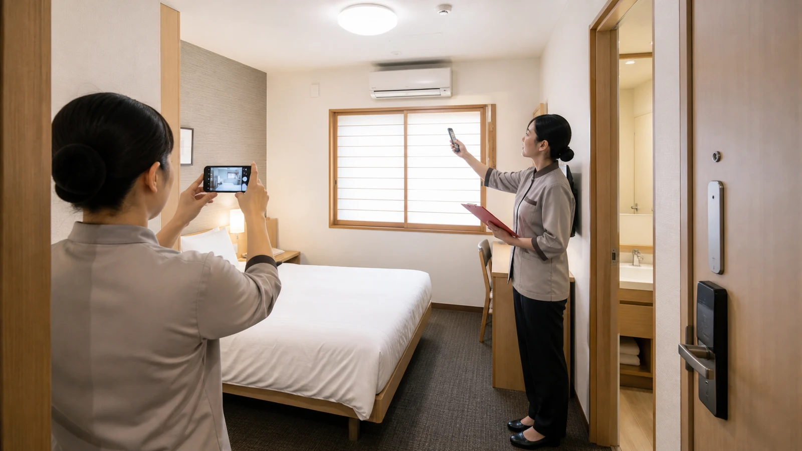 清掃後の客室で空調を動作確認し入口から定点写真を撮る担当者