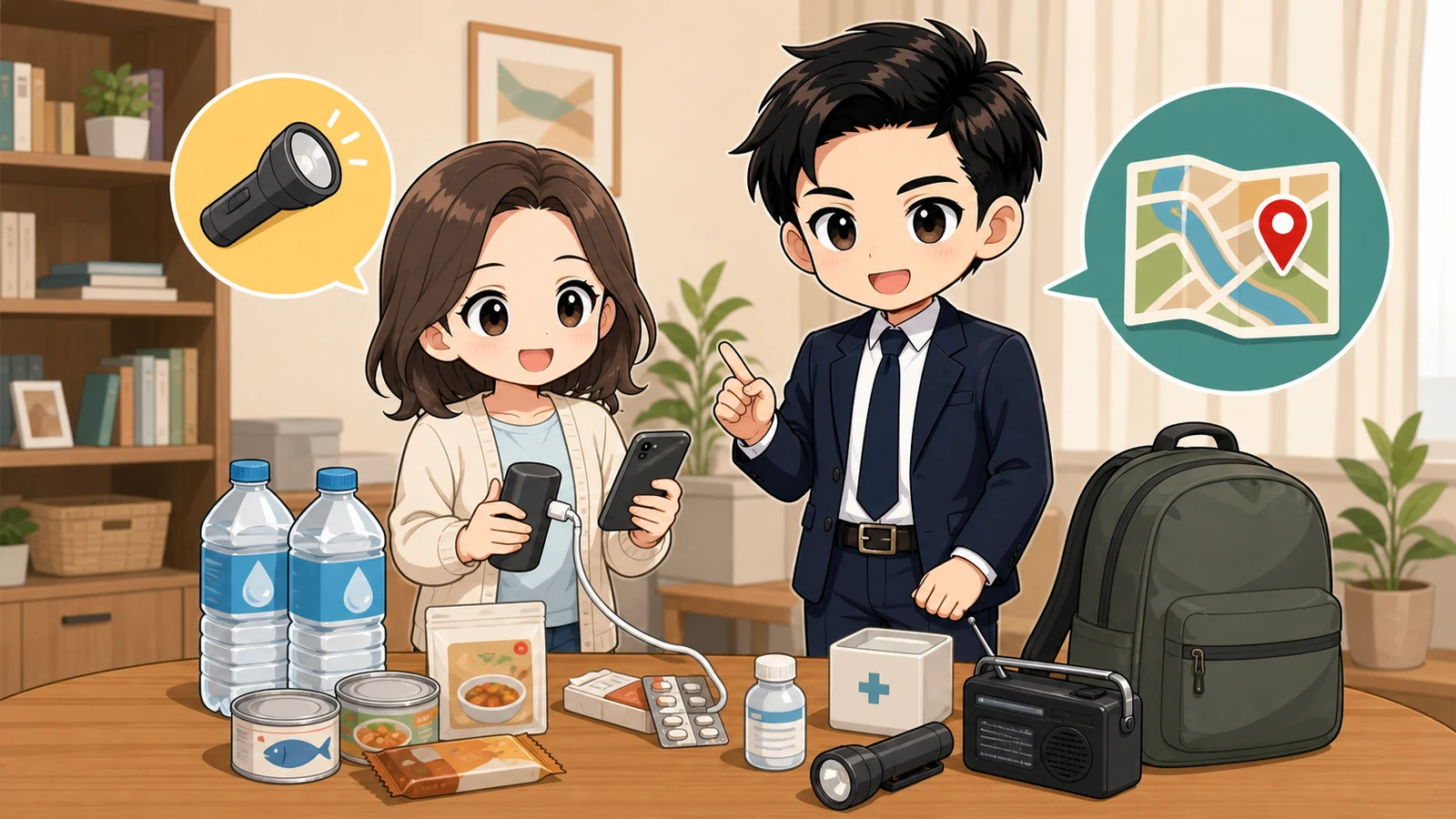 停電用品と避難情報を室内で確認するざわ先生