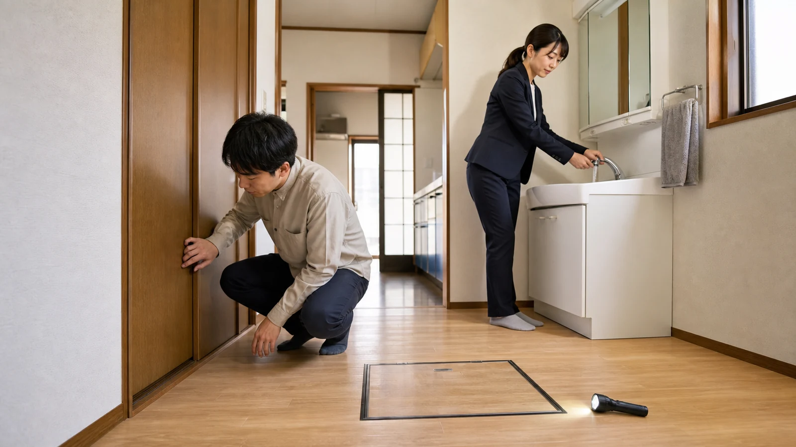 中古戸建ての床・建具・水回り・点検口を室内で確認する場面
