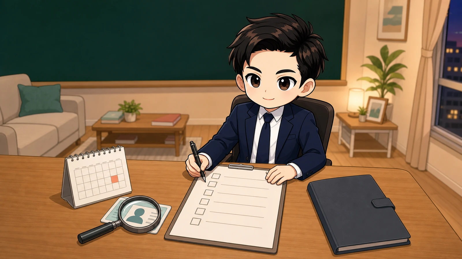 ざわ先生が賃貸申し込み前日に書類の有効期限と入力内容を最終確認するイラスト