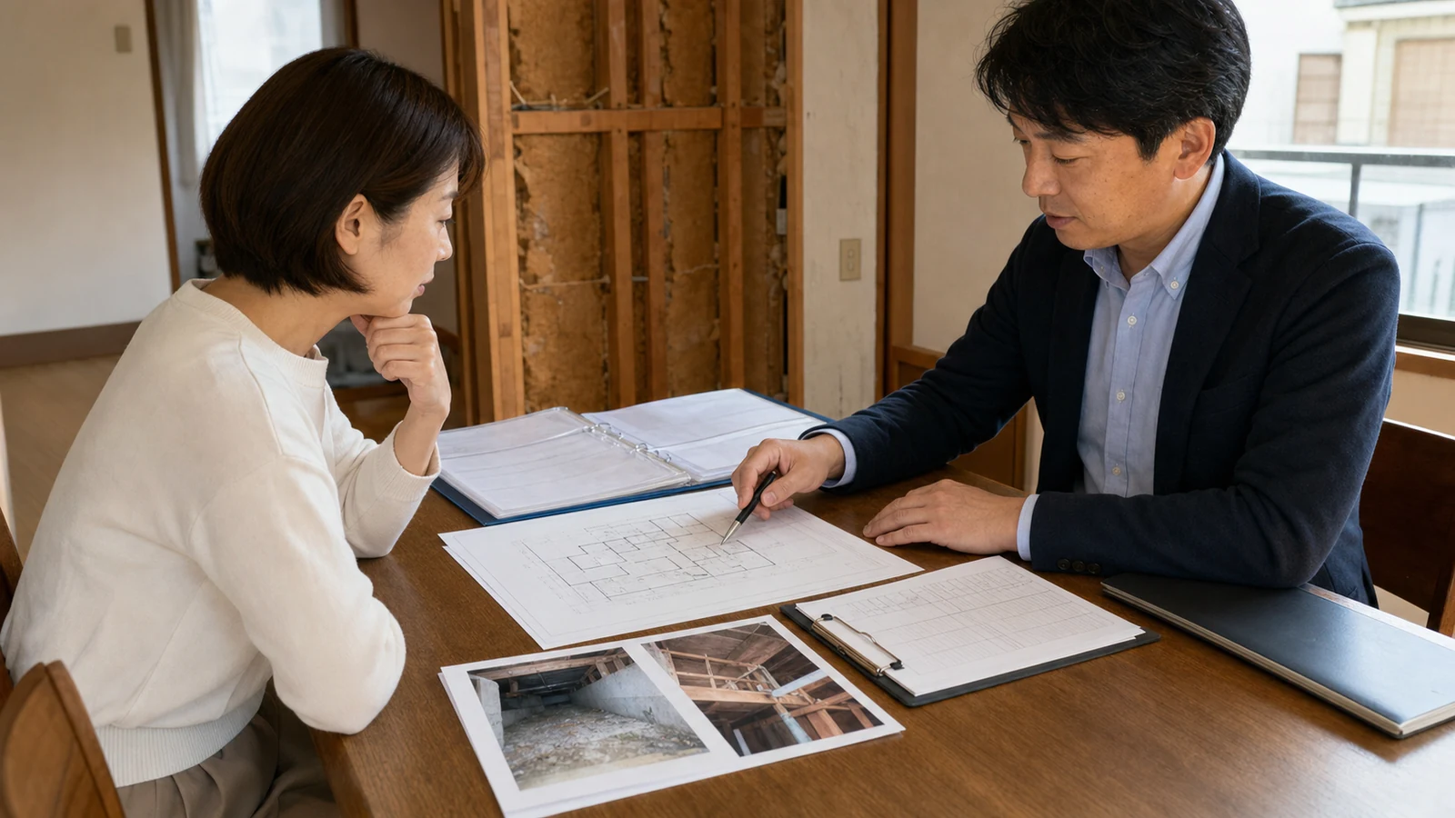 中古戸建ての図面・修繕履歴と建築士によるインスペクション結果を比較する場面